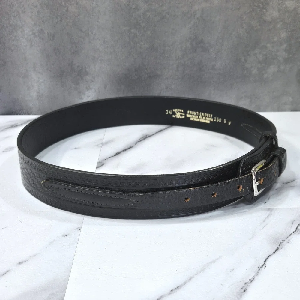 VTG Vogel of Texas Frontier Belt Mens 34 Black Tooled Basketweave Leather Buckle